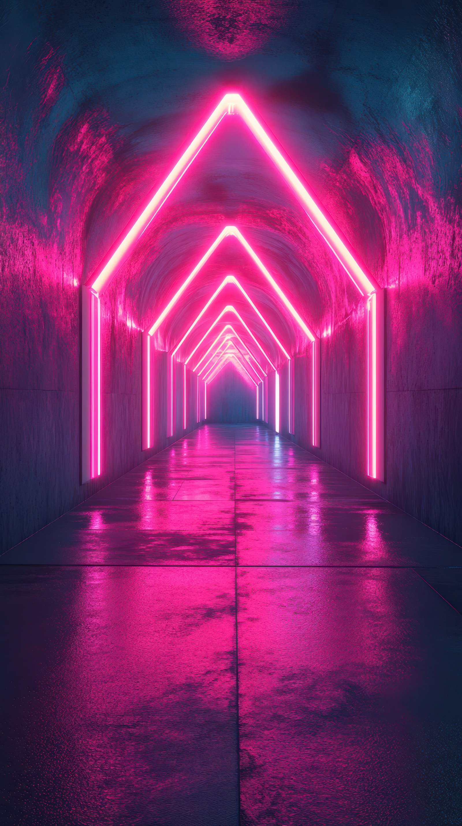 Vibrant neon tunnel with glowing pink lights casting reflections on the wet floor at night